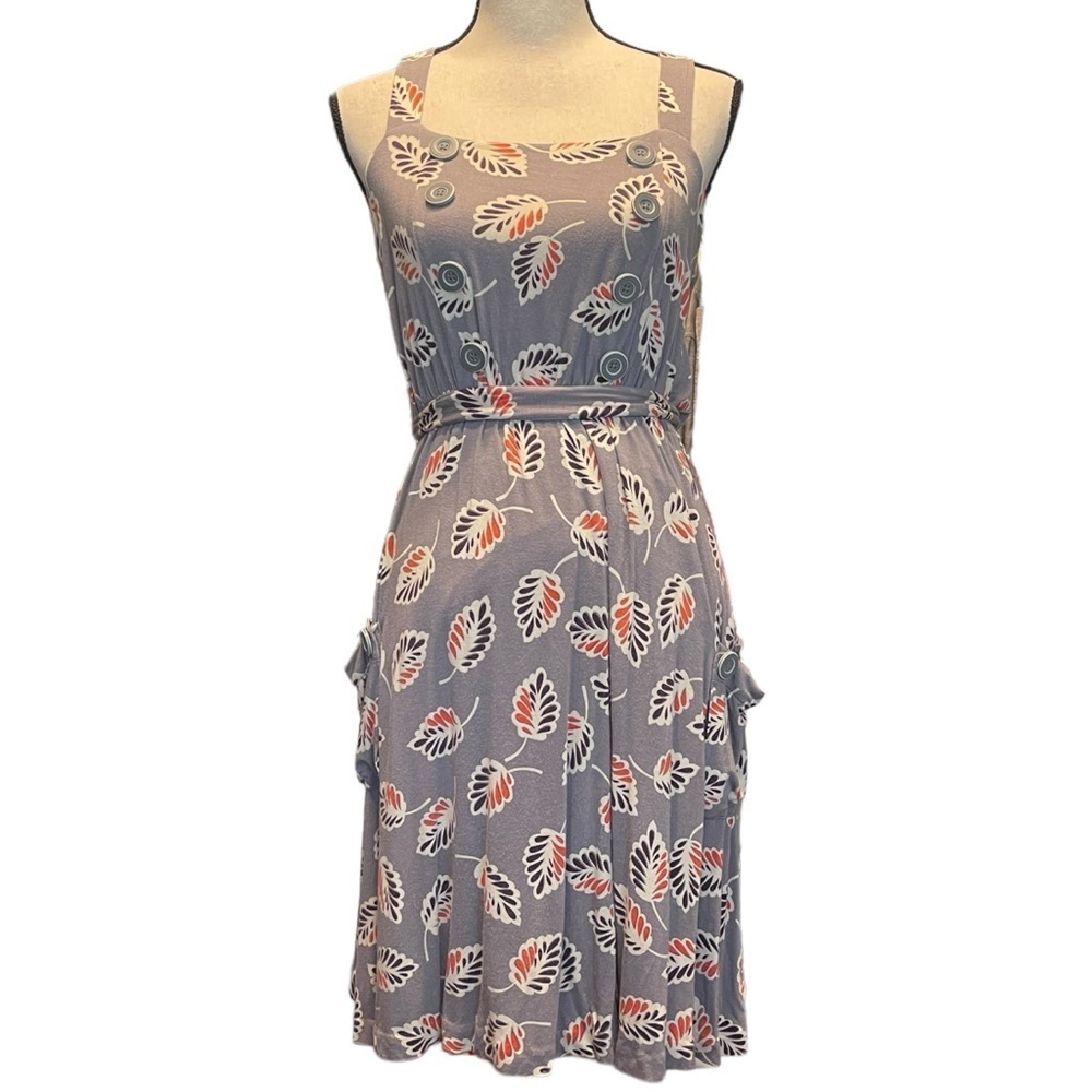Anthropologie Little Yellow Button Whimsical‎ Leaf Print Summer Dress Women's M